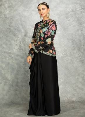 Black geogette embroidered floral printed jacket with drape skirt 3