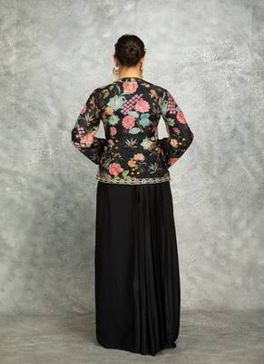 Black geogette embroidered floral printed jacket with drape skirt 4