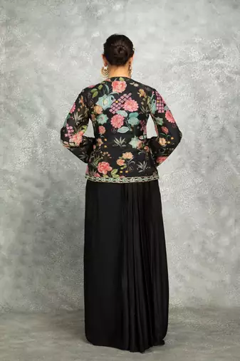 Black geogette embroidered floral printed jacket with drape skirt