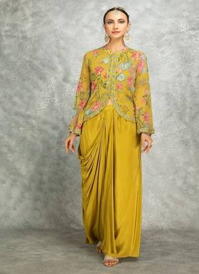 Mustard green floral printed embroidered geogette jacket with drape skirt 1