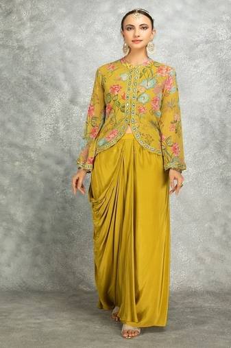 Mustard green floral printed embroidered geogette jacket with drape skirt
