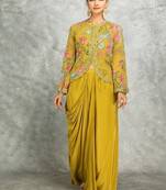 Mustard green floral printed embroidered geogette jacket with drape skirt