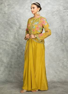 Mustard green floral printed embroidered geogette jacket with drape skirt 2