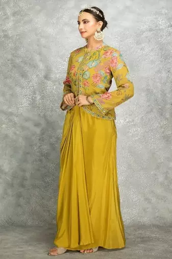 Mustard green floral printed embroidered geogette jacket with drape skirt