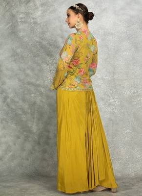 Mustard green floral printed embroidered geogette jacket with drape skirt 3