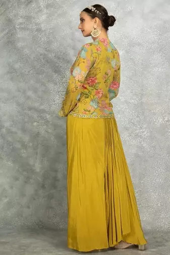 Mustard green floral printed embroidered geogette jacket with drape skirt