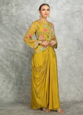 Mustard green floral printed embroidered geogette jacket with drape skirt 4