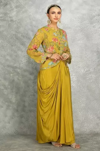 Mustard green floral printed embroidered geogette jacket with drape skirt