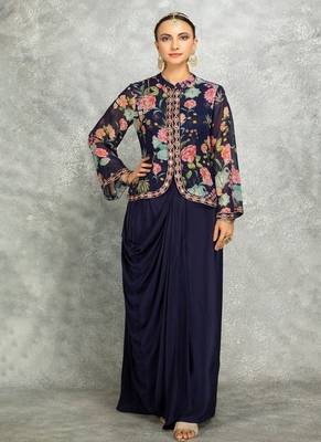 Blue geogette embroidered floral printed jacket with drape skirt 1