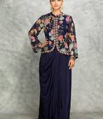 Blue geogette embroidered floral printed jacket with drape skirt