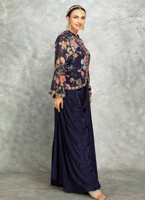 Blue geogette embroidered floral printed jacket with drape skirt 2