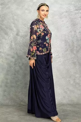 Blue geogette embroidered floral printed jacket with drape skirt