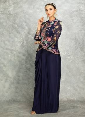 Blue geogette embroidered floral printed jacket with drape skirt 3