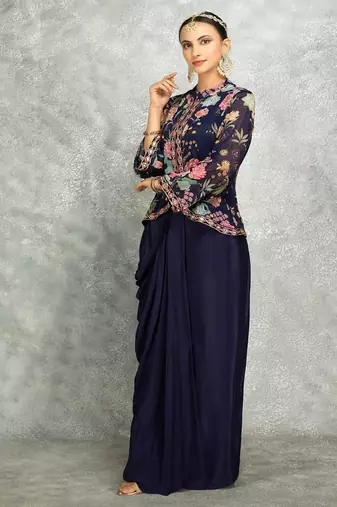 Blue geogette embroidered floral printed jacket with drape skirt