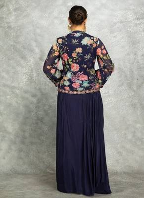 Blue geogette embroidered floral printed jacket with drape skirt 4
