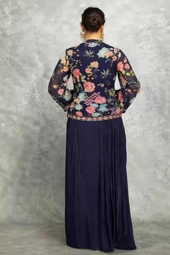 Blue geogette embroidered floral printed jacket with drape skirt