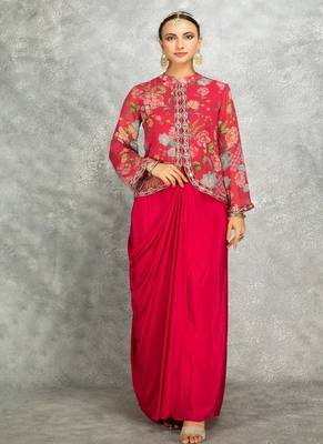 Hot pink geogette embroidered floral printed jacket with drape skirt 1