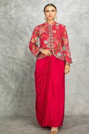 Hot pink geogette embroidered floral printed jacket with drape skirt