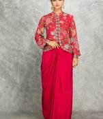 Hot pink geogette embroidered floral printed jacket with drape skirt