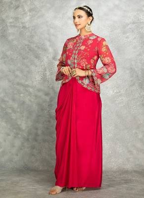Hot pink geogette embroidered floral printed jacket with drape skirt 2