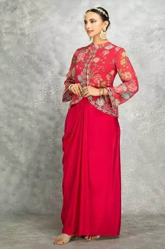Hot pink geogette embroidered floral printed jacket with drape skirt