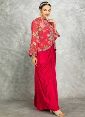 Hot pink geogette embroidered floral printed jacket with drape skirt 3