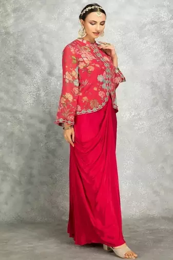 Hot pink geogette embroidered floral printed jacket with drape skirt