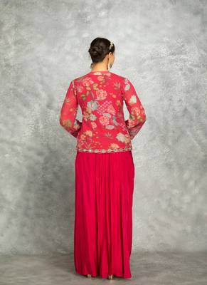 Hot pink geogette embroidered floral printed jacket with drape skirt 4