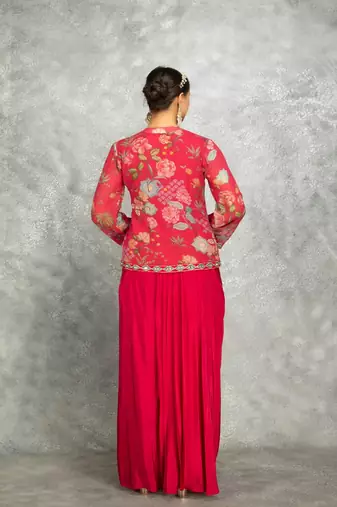 Hot pink geogette embroidered floral printed jacket with drape skirt