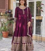 Wine Sequins Embroidered Silk Wedding Wear Gown With Dupatta