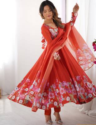 Orange Floral Printed Organza Festive Wear Anarkali Suit 1