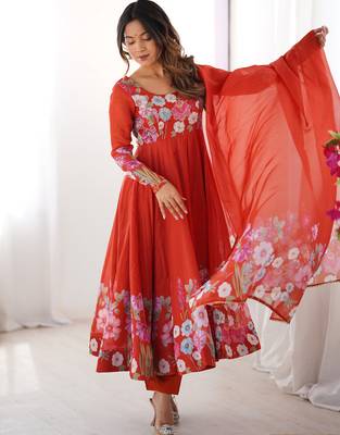 Orange Floral Printed Organza Festive Wear Anarkali Suit 2