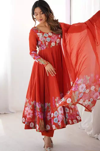 Orange Floral Printed Organza Festive Wear Anarkali Suit