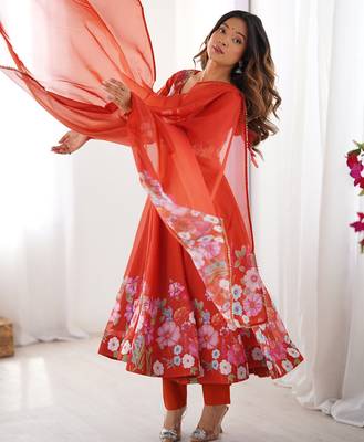Orange Floral Printed Organza Festive Wear Anarkali Suit 3