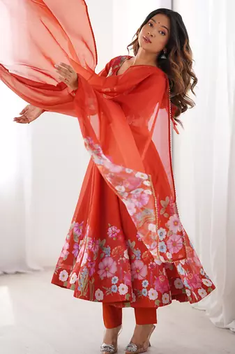 Orange Floral Printed Organza Festive Wear Anarkali Suit