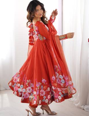 Orange Floral Printed Organza Festive Wear Anarkali Suit 4