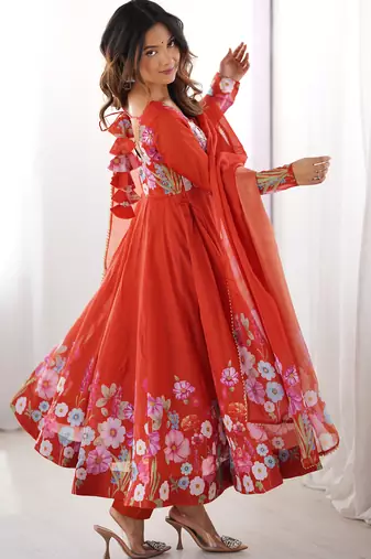 Orange Floral Printed Organza Festive Wear Anarkali Suit