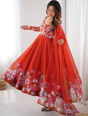 Orange Floral Printed Organza Festive Wear Anarkali Suit 5