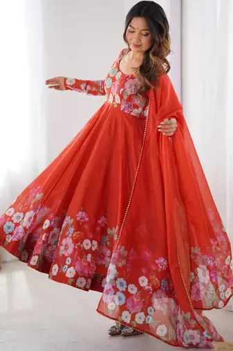 Orange Floral Printed Organza Festive Wear Anarkali Suit