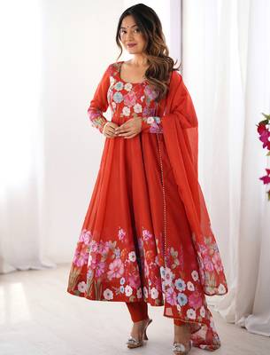 Orange Floral Printed Organza Festive Wear Anarkali Suit 6