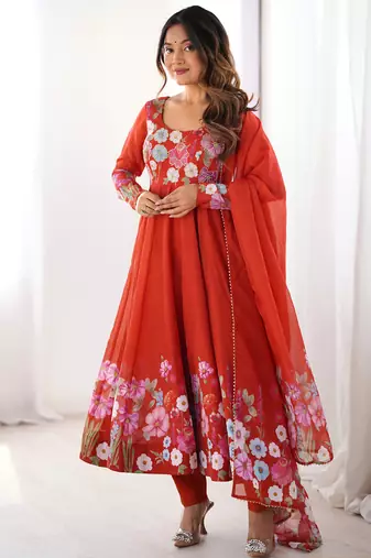 Orange Floral Printed Organza Festive Wear Anarkali Suit