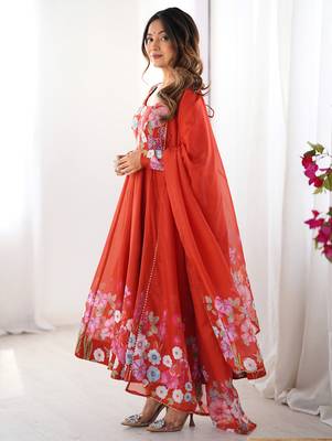 Orange Floral Printed Organza Festive Wear Anarkali Suit 7