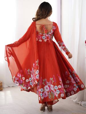 Orange Floral Printed Organza Festive Wear Anarkali Suit 8