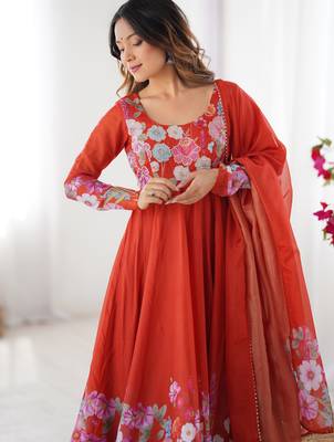 Orange Floral Printed Organza Festive Wear Anarkali Suit 9