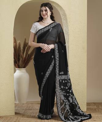 black Hand embroidered georgette chikankari saree with blouse 1