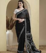 black Hand embroidered georgette chikankari saree with blouse