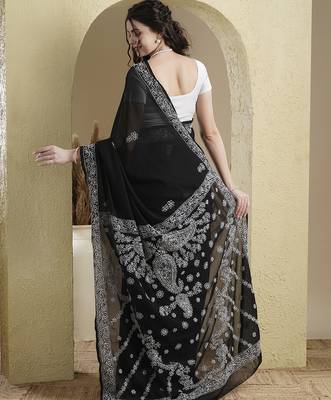 black Hand embroidered georgette chikankari saree with blouse 2