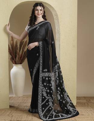 black Hand embroidered georgette chikankari saree with blouse 3