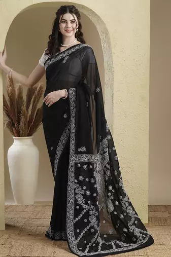 black Hand embroidered georgette chikankari saree with blouse