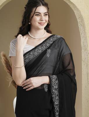 black Hand embroidered georgette chikankari saree with blouse 4